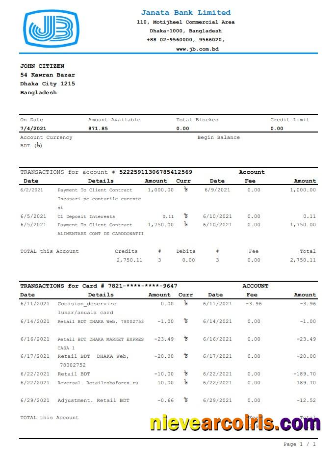 Bangladesh Janata bank statement easy to fill in .xls and .pdf file format